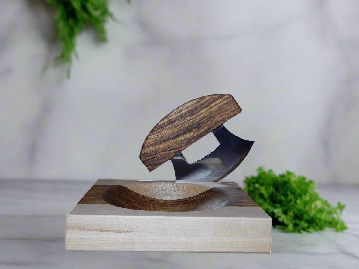 Handmade Ulu knife and Bowl sets, Unique kitchen tools, herb cutting bowel and knife set. Marten Custom woodcraft LLC