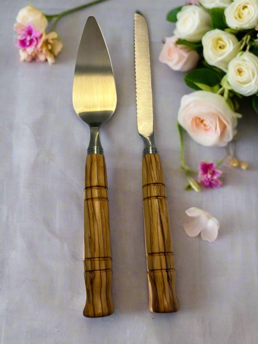 Unique customizable wedding cake server set. Handmade wedding gifts and accessories. Marten Custom Woodcraft LLC.