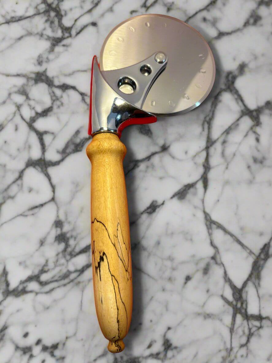 Heavy duty handmade and customizable pizza cutters, stainless steel. Marten Custom Woodcraft LLC.