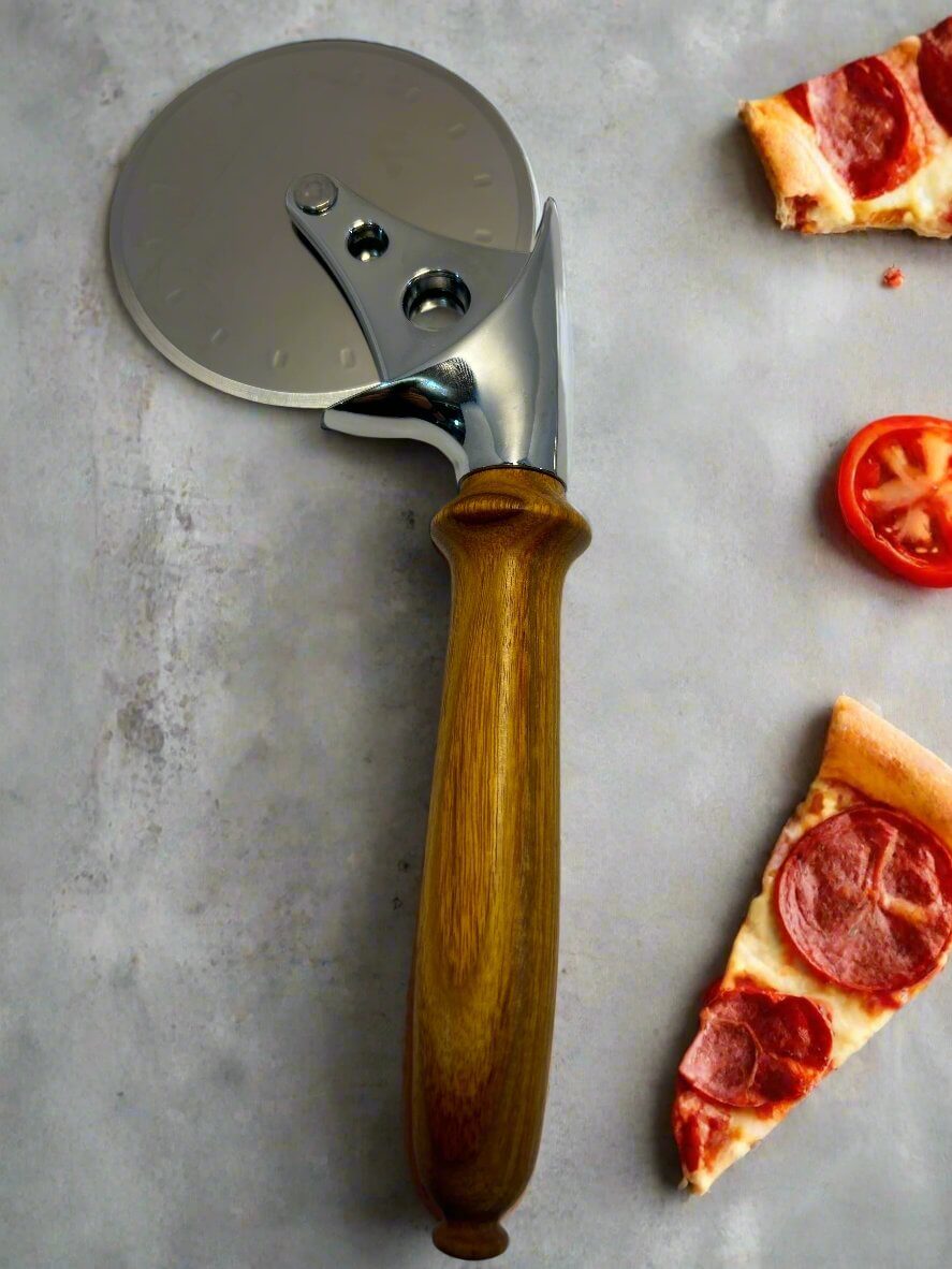 Handcrafted pizza cutters, customizable heavy-duty construction. Marten Custom Woodcraft LLC.