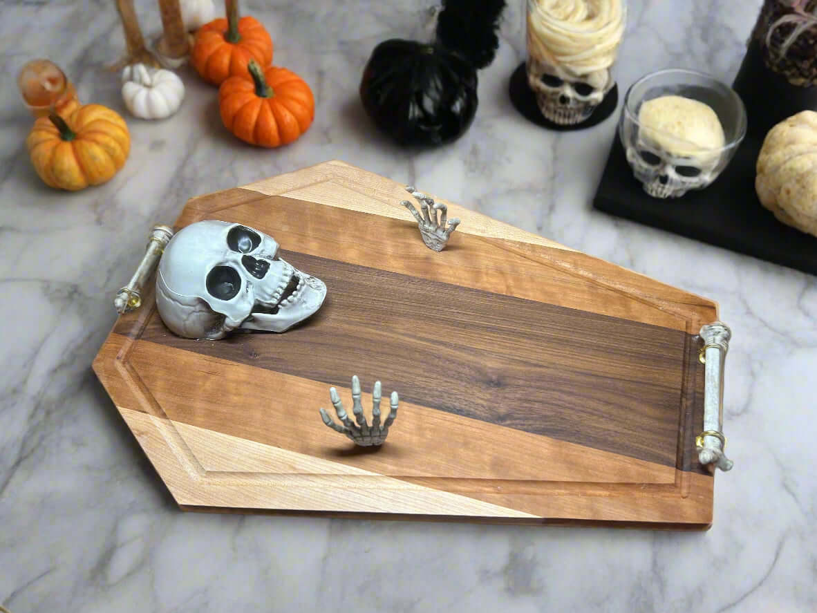 Skeleton Halloween themed Charcuterie board. Holiday ideas. Marten Custom Woodcraft LLC.